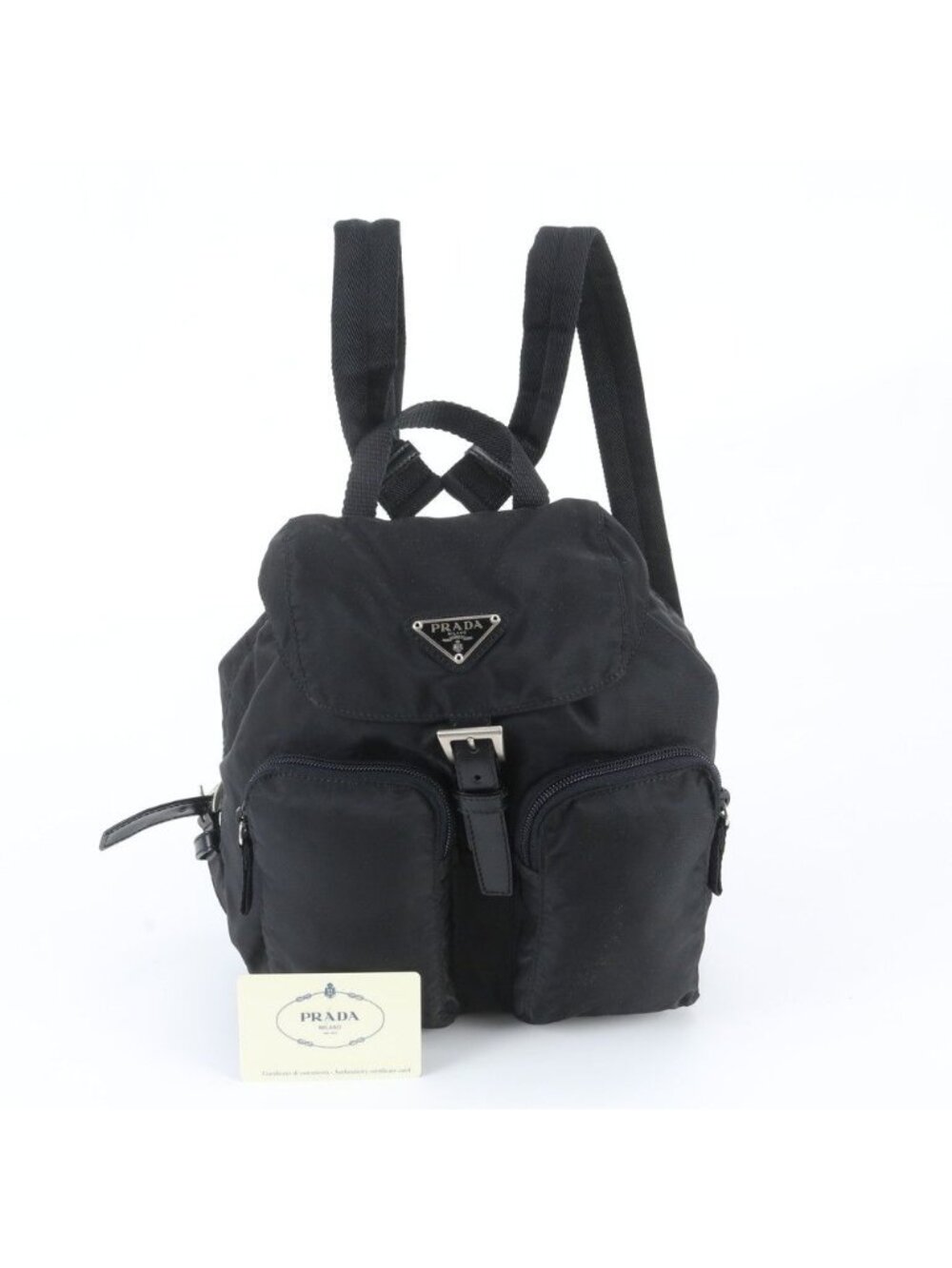 Prada Tessuto Nylon Triangle Logo Leather Backpack Black